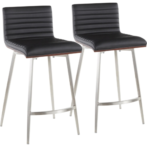 Mason Swivel 26" Counter Stool in Black Leatherette, Walnut & Stainless (Set of 2)